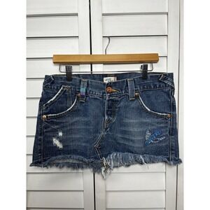 Levi's Y2K Embroidered Distressed Raw Hem Denim Mini Skirt Bird Boho Size 9